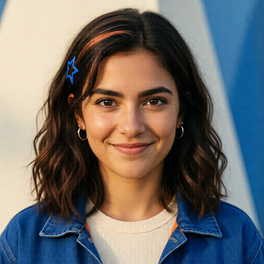 Jenna Rivera smiling, with wavy dark-brown hair, a copper streak, and a blue star hair clip